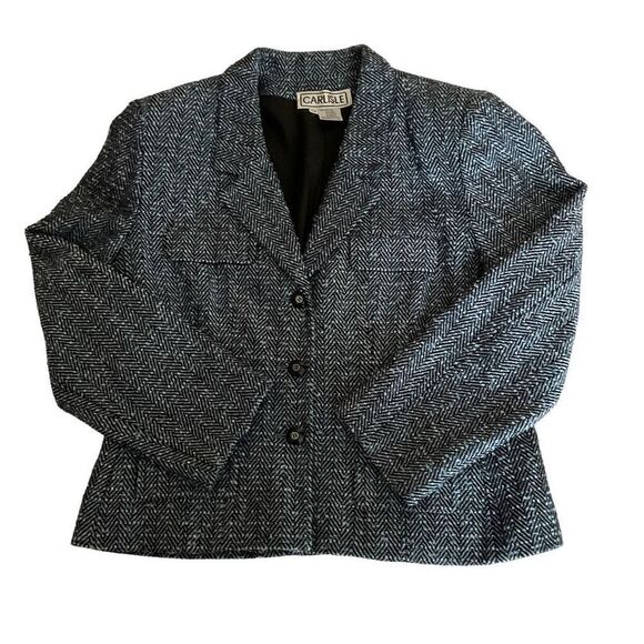 Carlisle Suit Jacket Silk Wool Blend Button Front Tweed Boucle Blue Black 14 - Picture 8 of 11